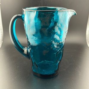 Morgantown Glass CRINKLE Peacock Blue Pitcher 6½” 28 oz Elegant Glassware